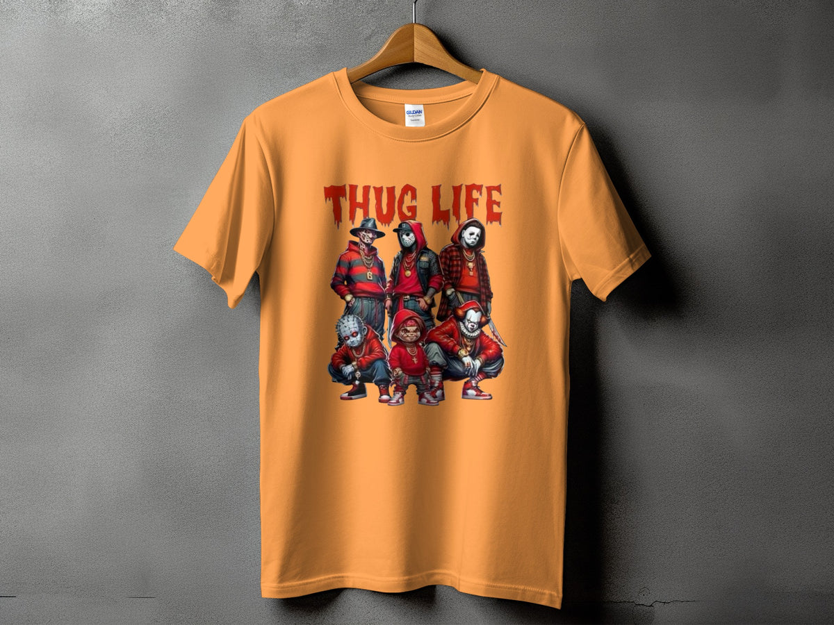 Orange t-shirt with "THUG LIFE" text and horror movie characters.