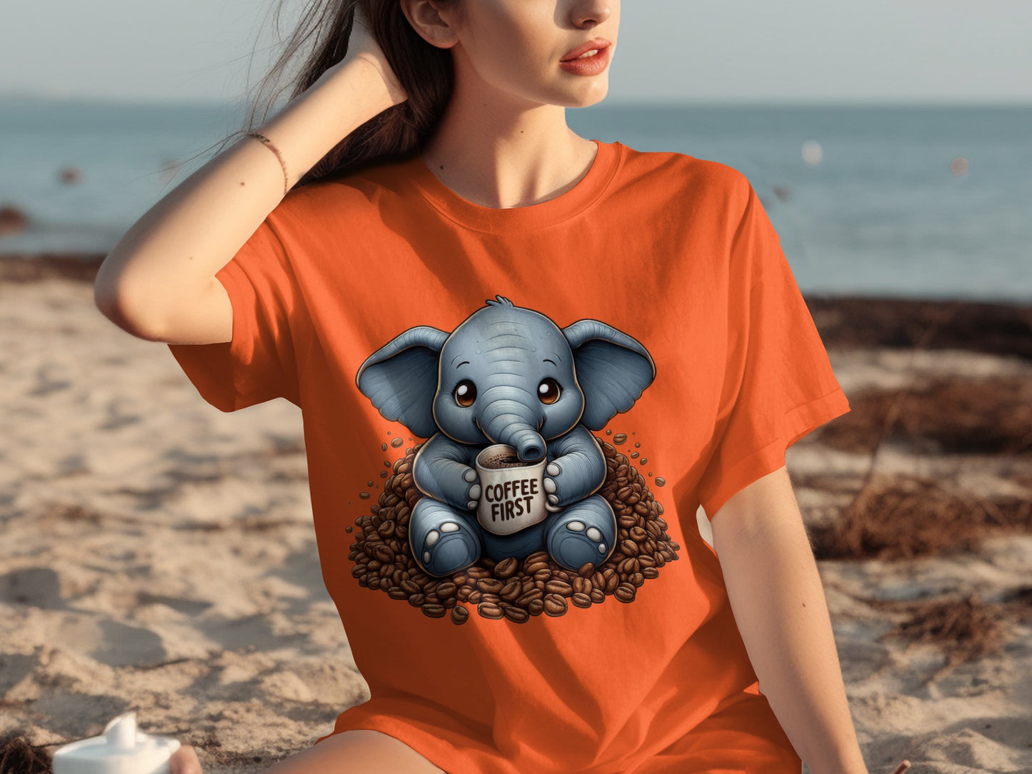 Adorable Elephant Coffee First Graphic T-Shirt