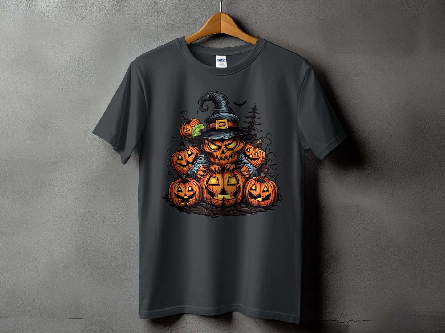 Scary pumpkin character wearing a witch hat surrounded by smaller pumpkins.