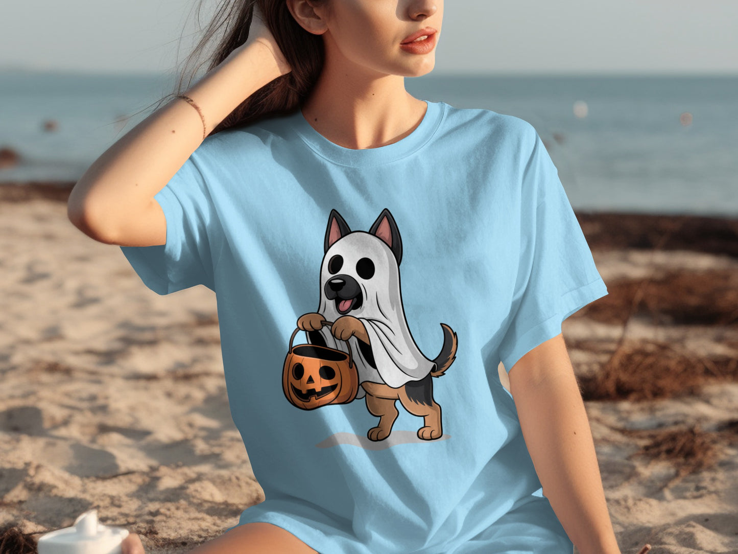 Cute Dog in Ghost Costume with Pumpkin Basket Shirt