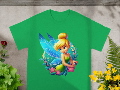Tinkerbell wearing a green dress with blue wings on a green t-shirt.