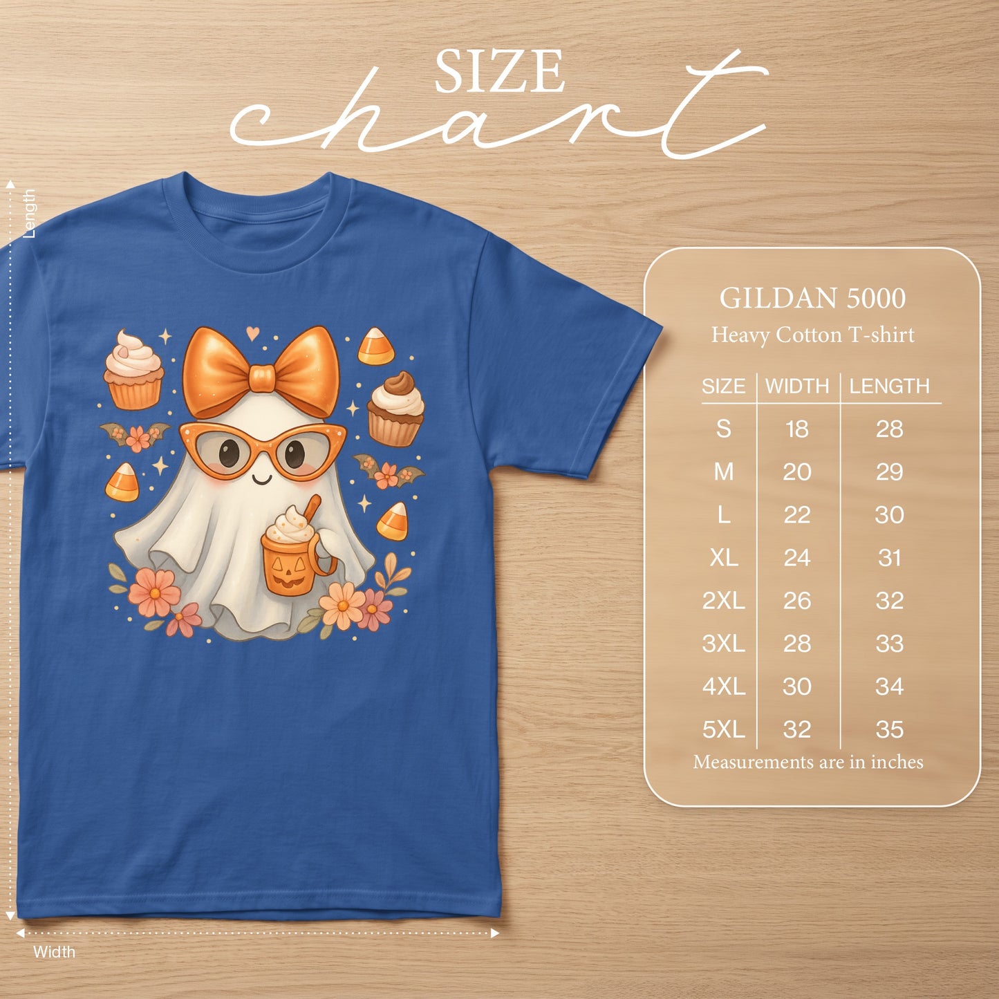 Gildan 5000 Heavy Cotton T-shirt size chart with ghost graphic.