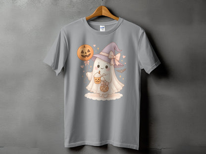 Grey t-shirt with a cute ghost wearing a witch hat holding a pumpkin drink.
