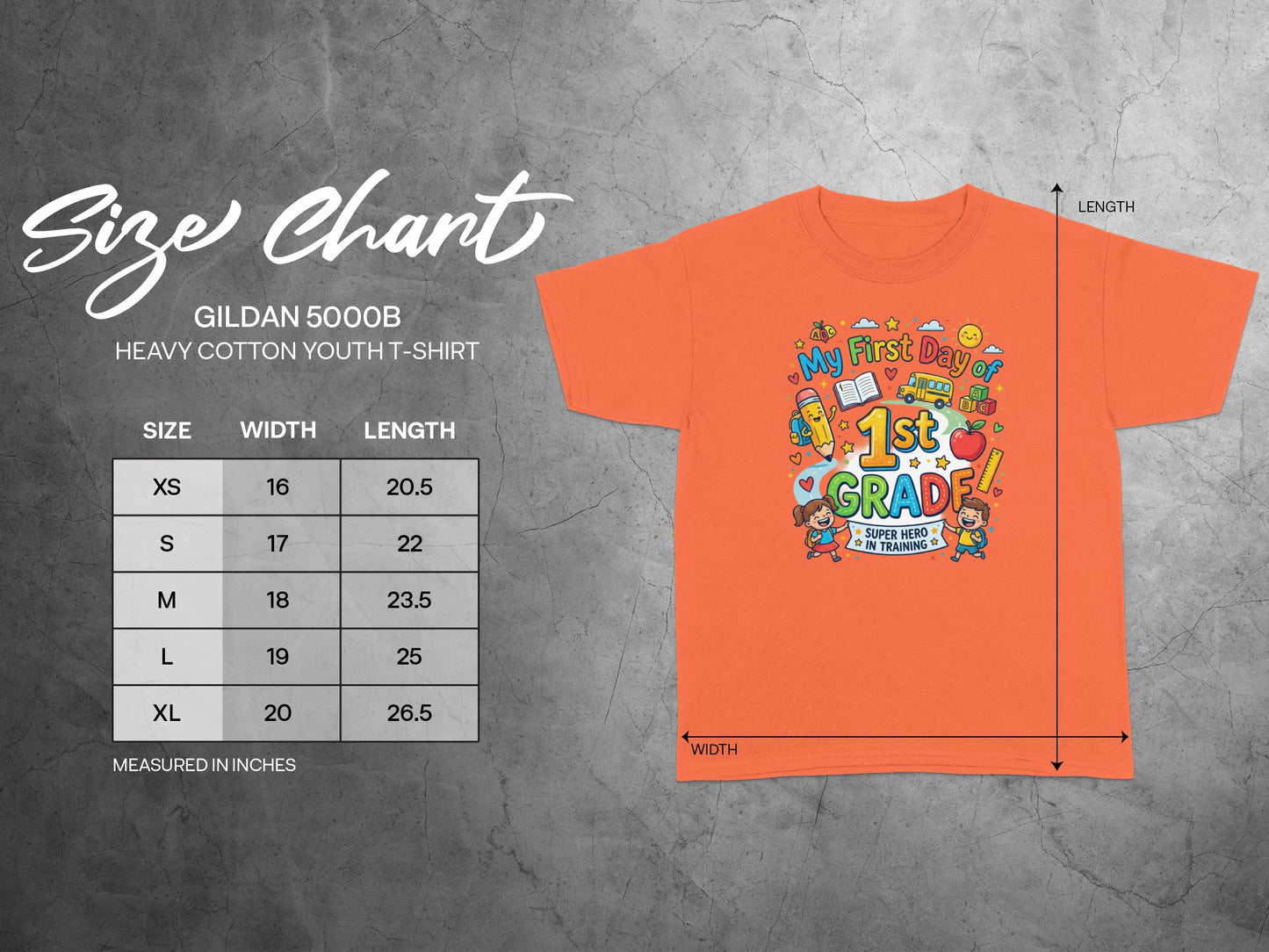 Gildan 5000B youth t-shirt size chart with width and length measurements.