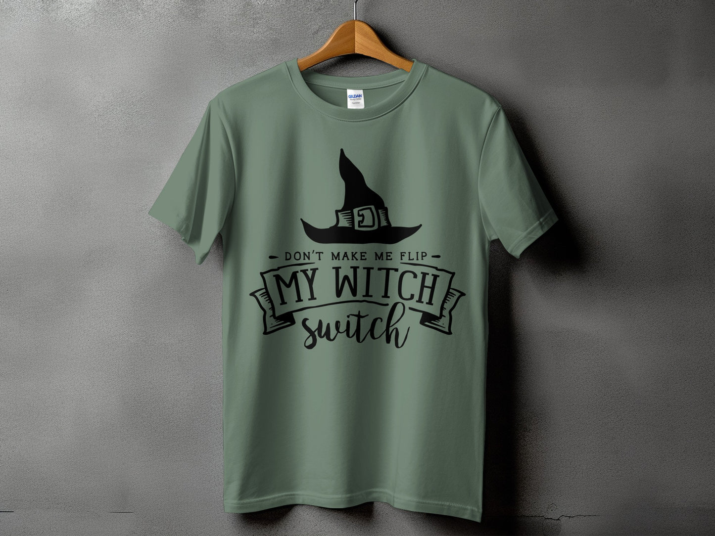 Green t-shirt with black witch hat and "My Witch Switch" text design.