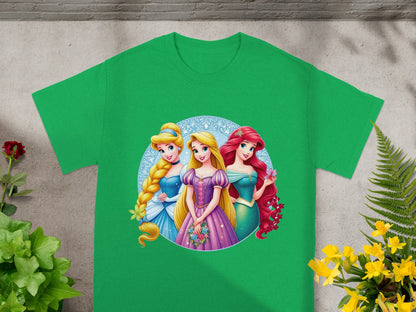 Green t-shirt featuring Disney princesses Cinderella, Belle, and Ariel in a circular design.