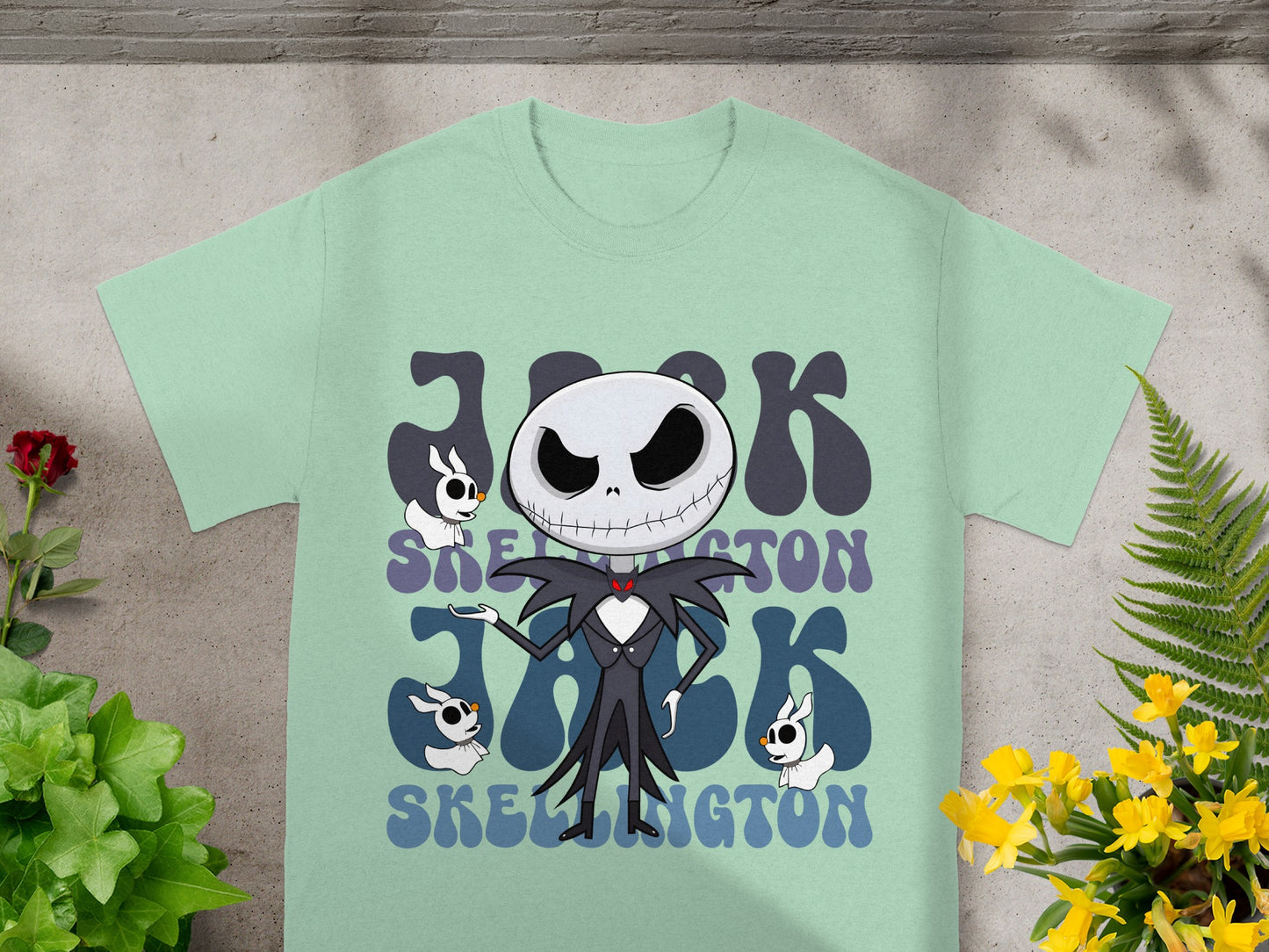 Jack Skellington graphic t-shirt with large text and small skeleton figures.