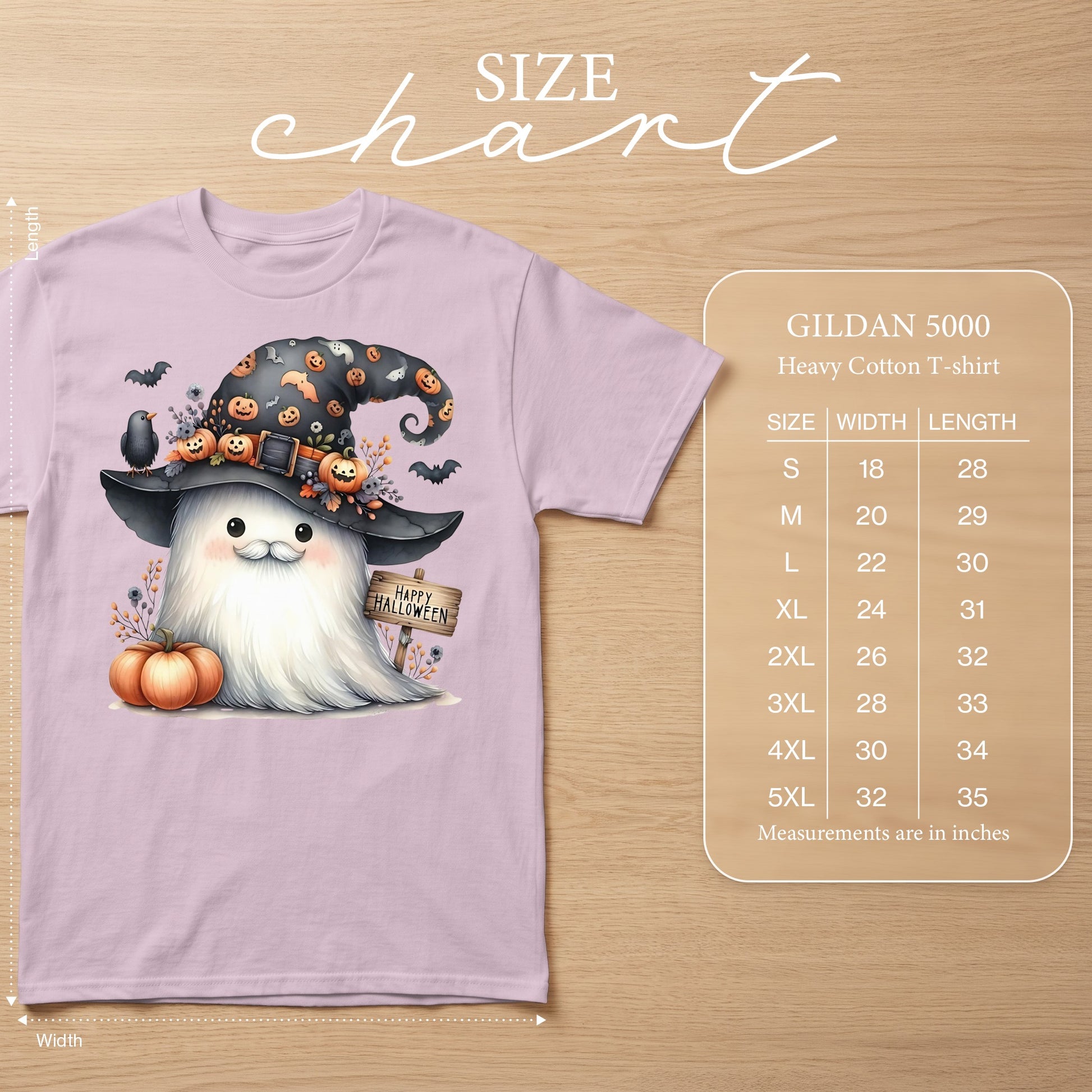 Ghost wearing witch hat with pumpkins and bats, with size chart for Gildan 5000.