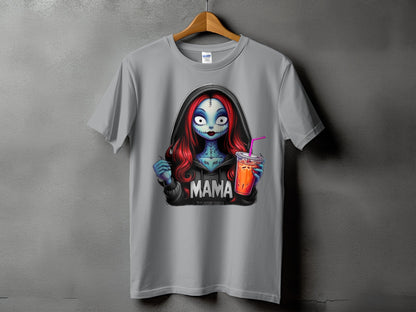Gray t-shirt with Sally-like character holding an iced drink, text reads "MAMA".
