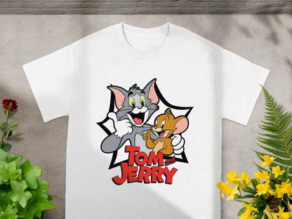 White t-shirt with Tom and Jerry graphic.