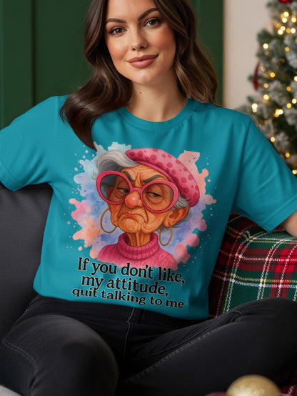 T-shirt with graphic of an elderly woman with pink beret and text.