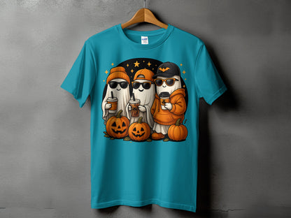 Three cartoon ghosts with pumpkins and coffee cups wearing sunglasses and hats.