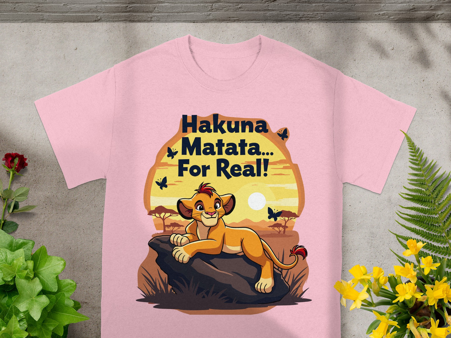 Pink t-shirt with Simba from The Lion King and "Hakuna Matata... For Real!" text.