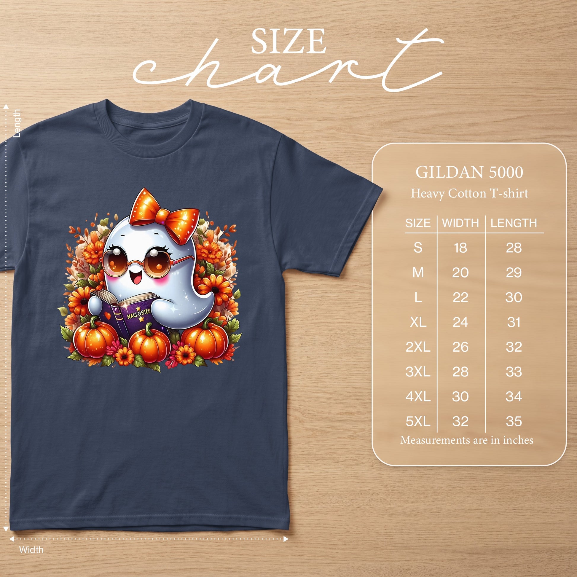 Cute ghost reading with pumpkins and flowers, Gildan 5000 size chart.