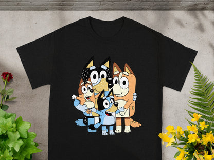 The Heeler family from Bluey smiling on a black t-shirt.
