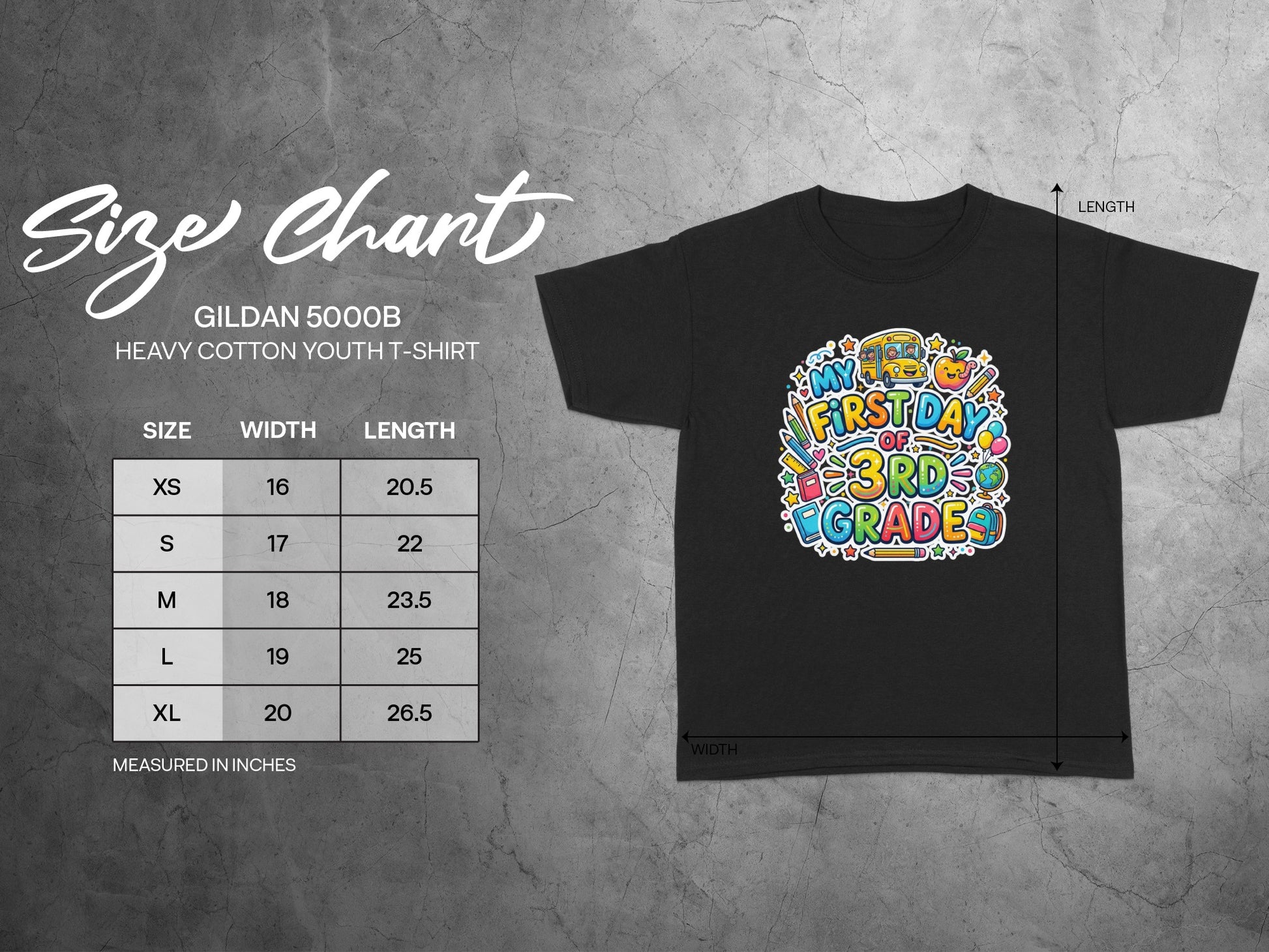 Black youth t-shirt with "My First Day of 3rd Grade" graphic and size chart.