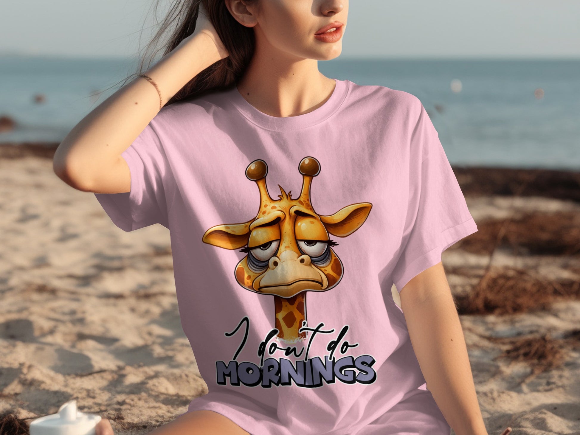 Funny Giraffe I Don't Do Mornings Pink T-Shirt