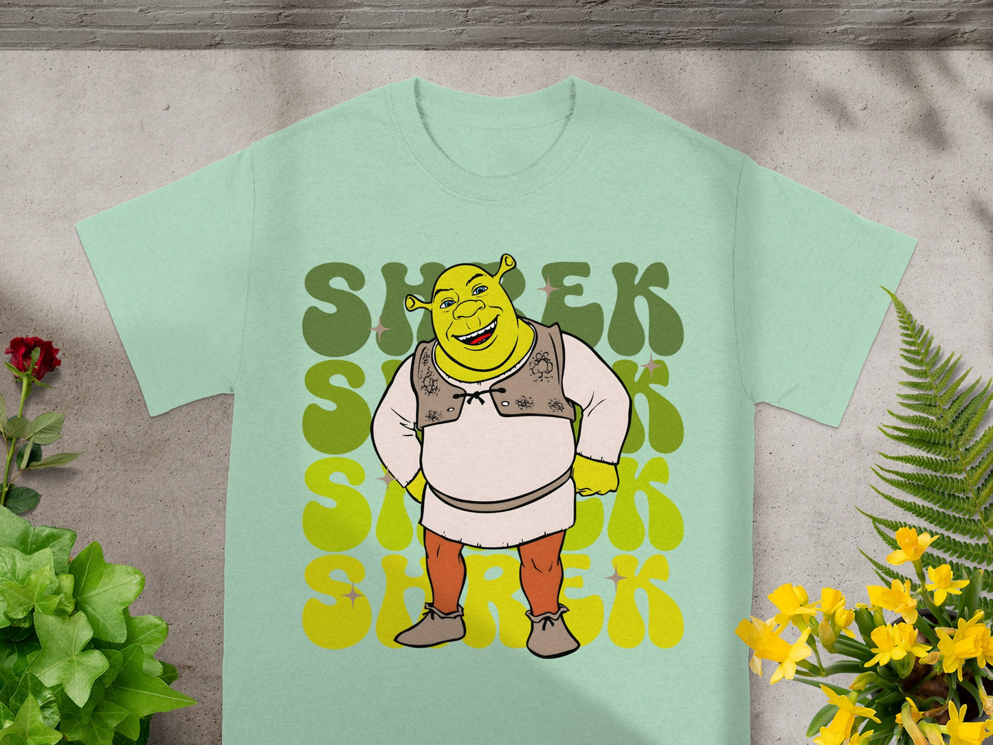 Shrek wearing a vest and boots with large green "SHREK" text.