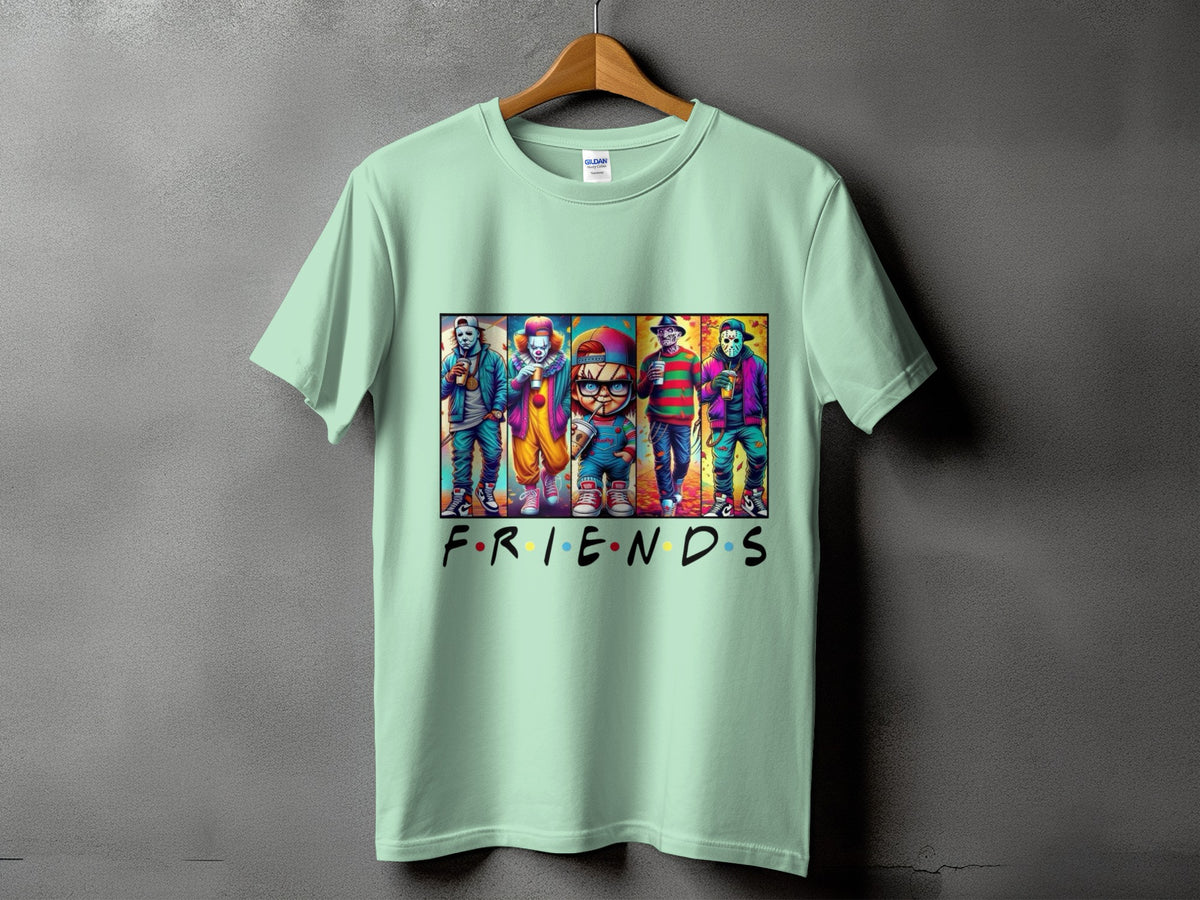 Light green t-shirt with horror characters and "Friends" logo.