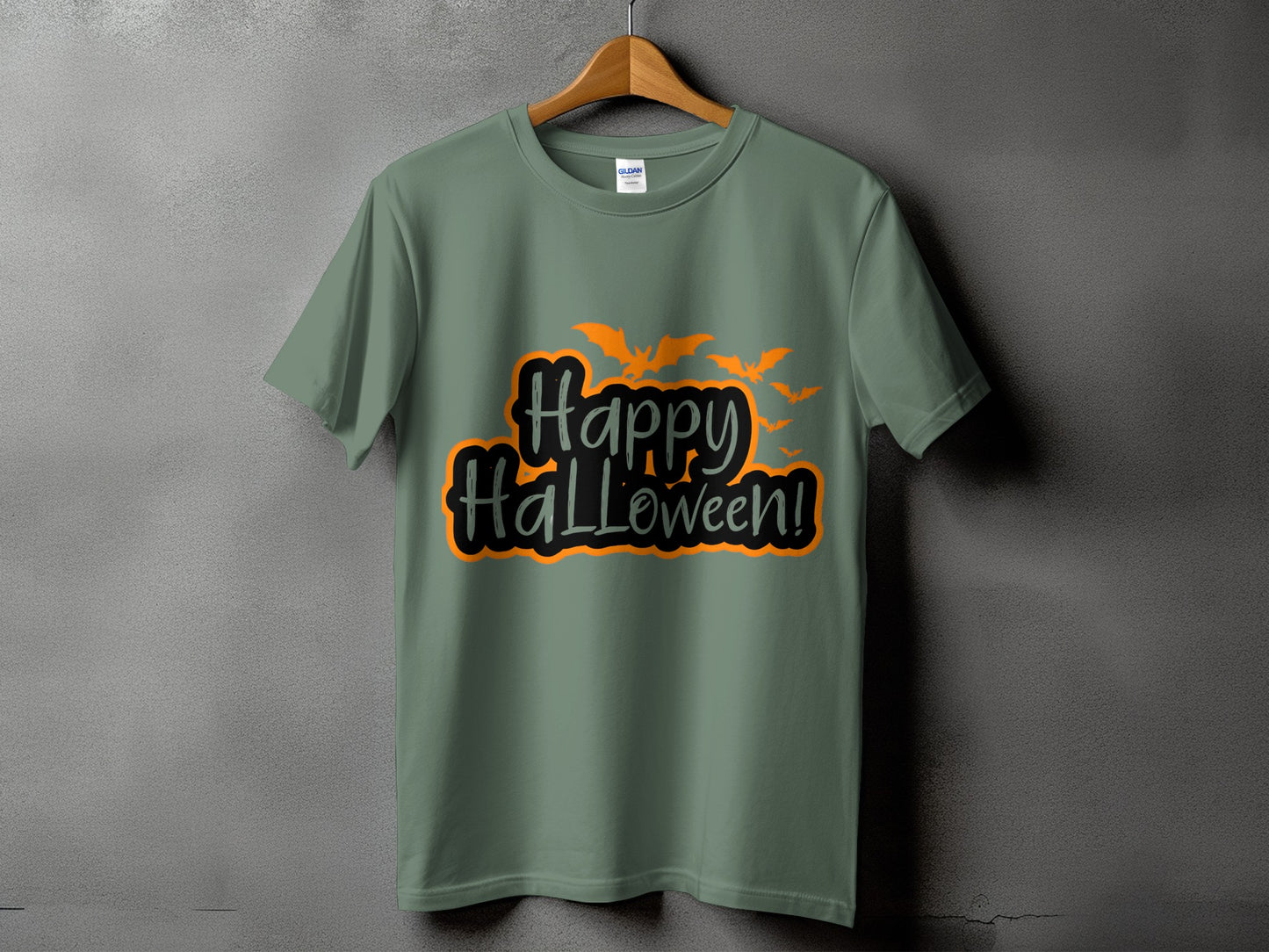Green t-shirt with "Happy Halloween!" text and flying bats graphic.