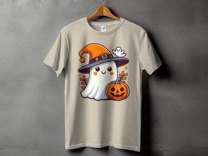 Ghost in witch hat with pumpkin and small ghost, on a light tan t-shirt.