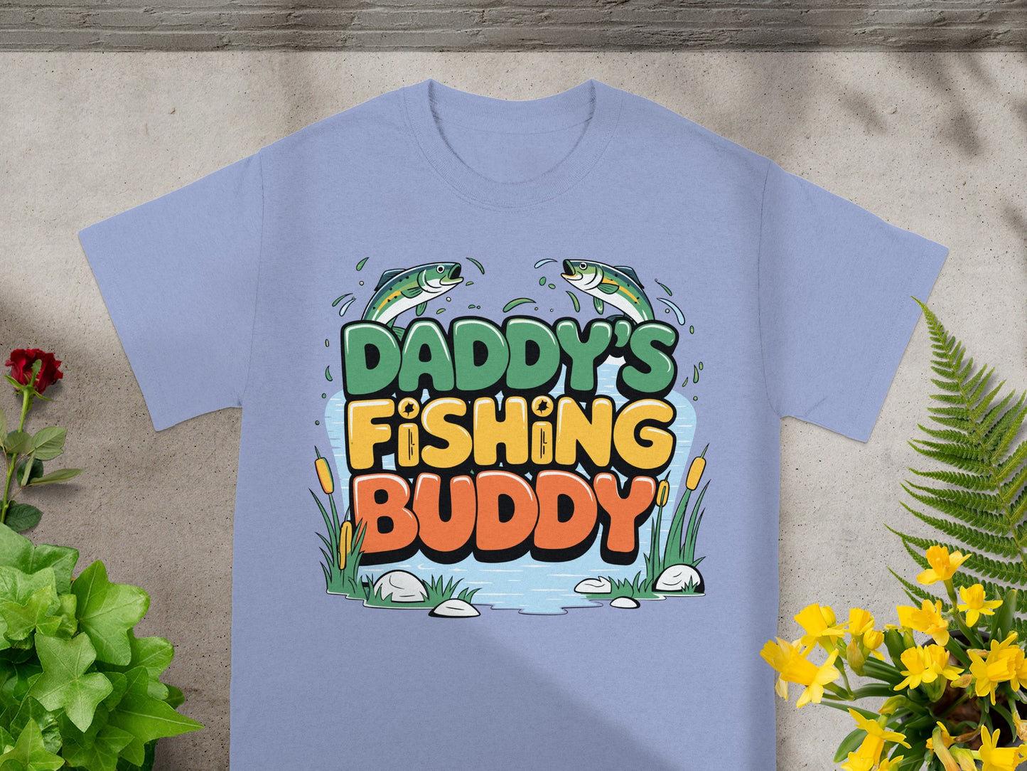 Light purple t-shirt with "Daddy's Fishing Buddy" text and cartoon fish.
