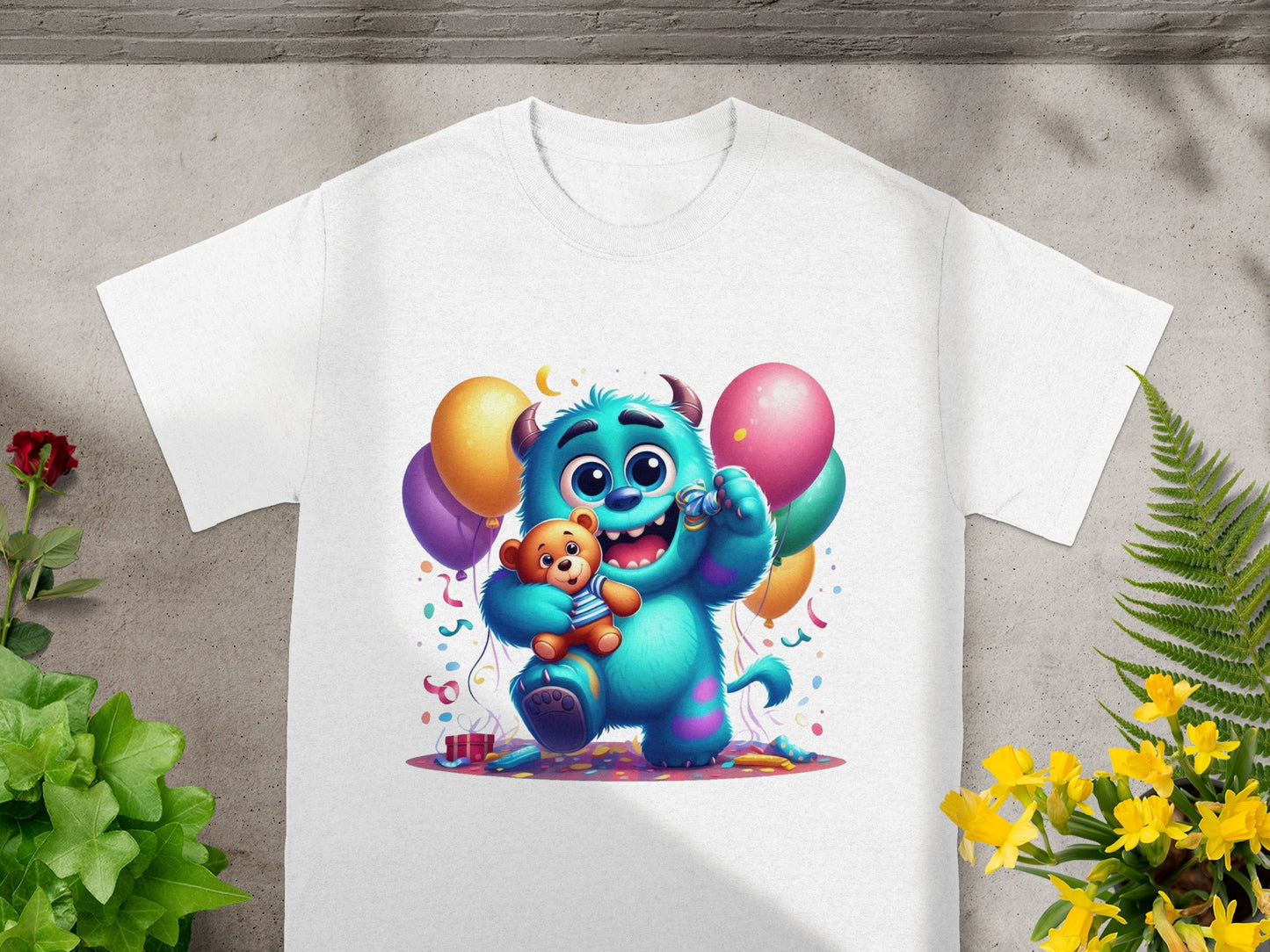 Blue monster character holding a teddy bear with balloons and confetti.