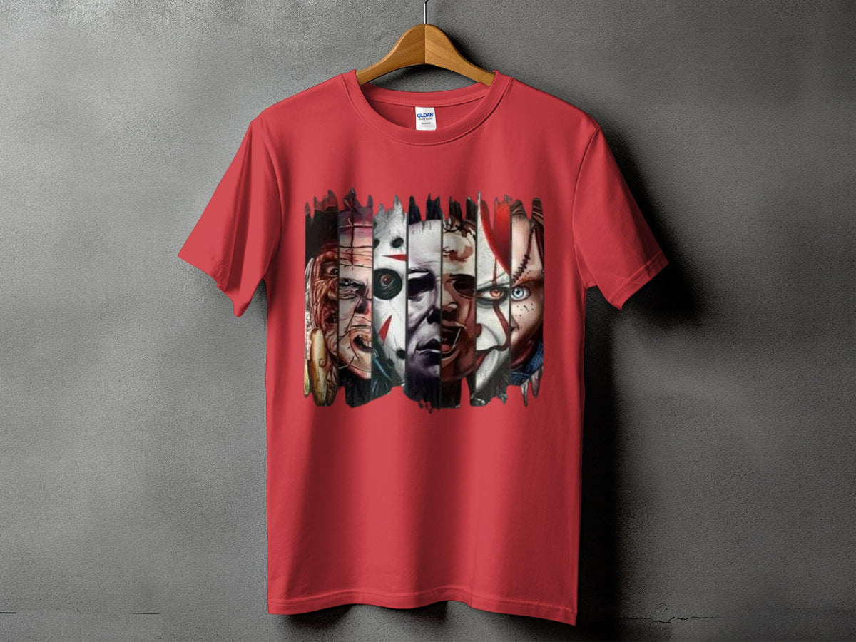 Red t-shirt featuring a collage of horror movie villain faces.