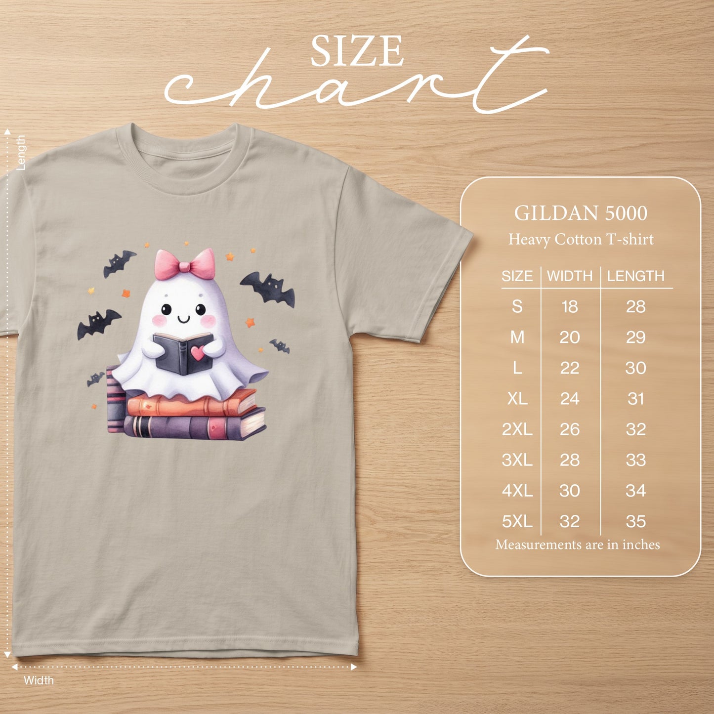 GILDAN 5000 size chart for heavy cotton t-shirts, showing width and length measurements.