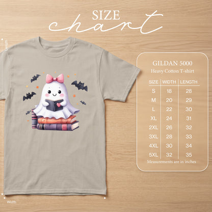 GILDAN 5000 size chart for heavy cotton t-shirts, showing width and length measurements.
