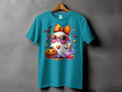 Teal t-shirt with a cute ghost wearing sunglasses and holding a coffee cup.