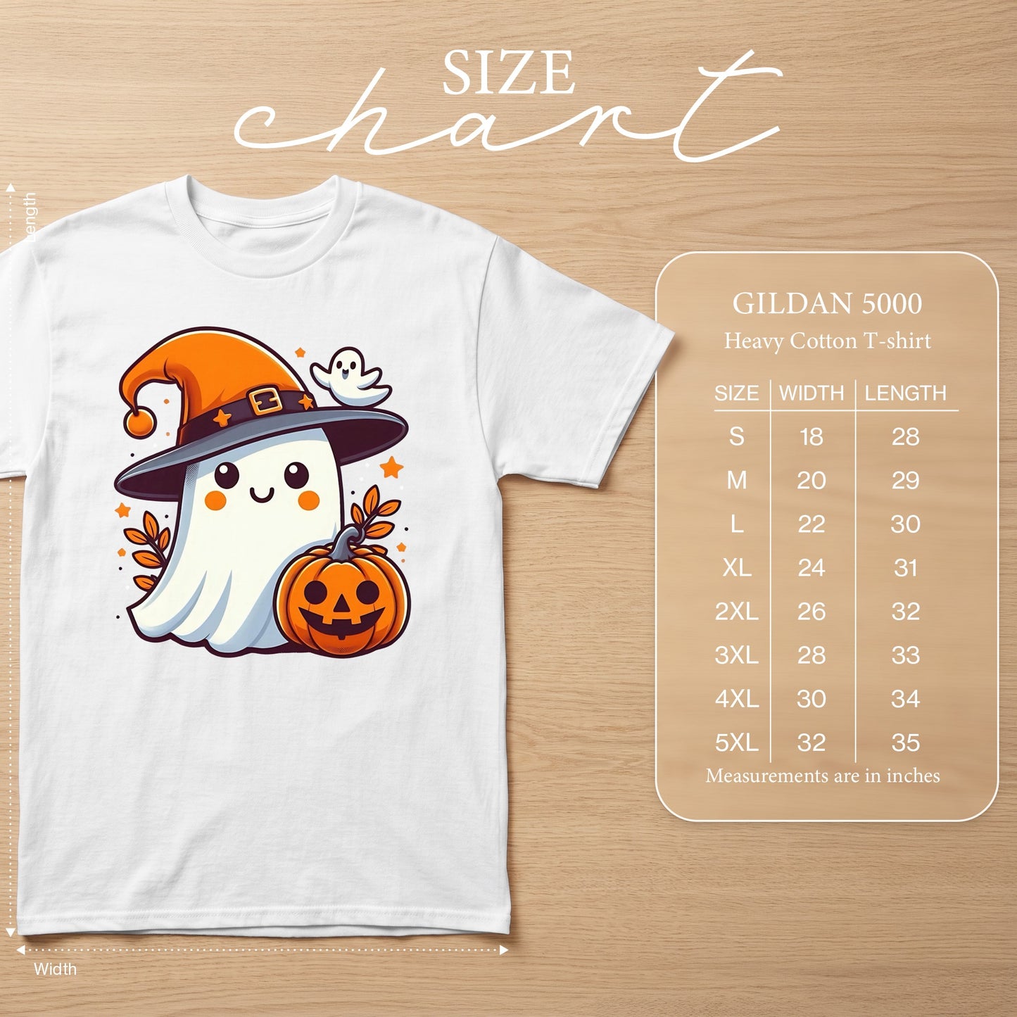 White t-shirt with cartoon ghost, pumpkin, and witch hat. Size chart details included.