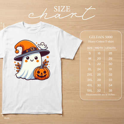 White t-shirt with cartoon ghost, pumpkin, and witch hat. Size chart details included.