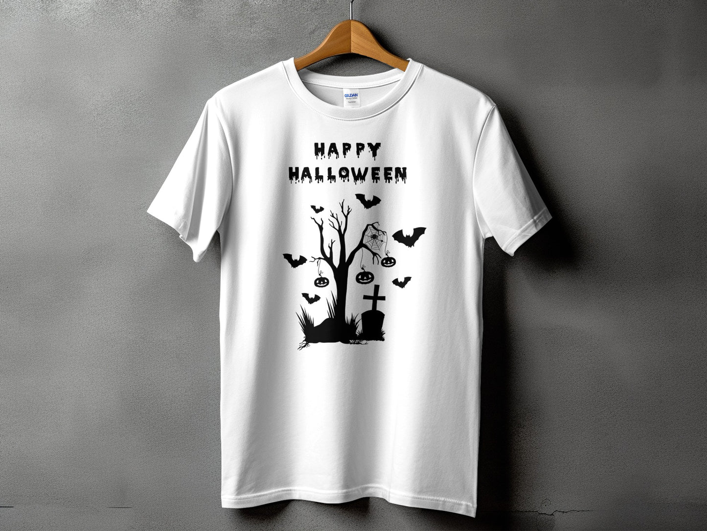 White t-shirt with black "Happy Halloween" text and spooky graveyard graphics.
