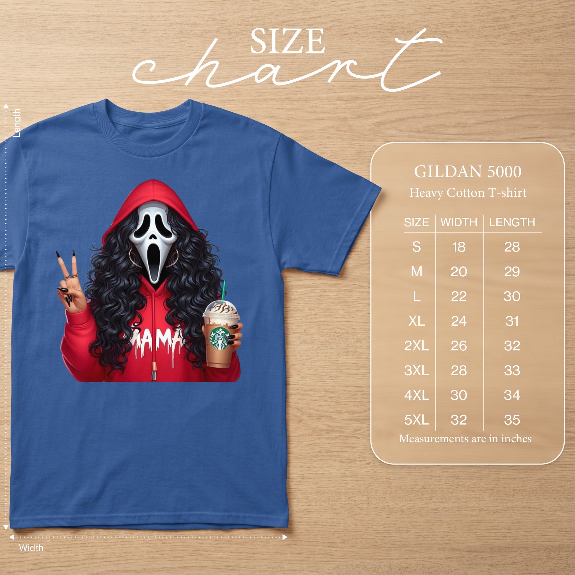 Blue t-shirt with ghost mask and "MAMA" graphic, includes size chart.