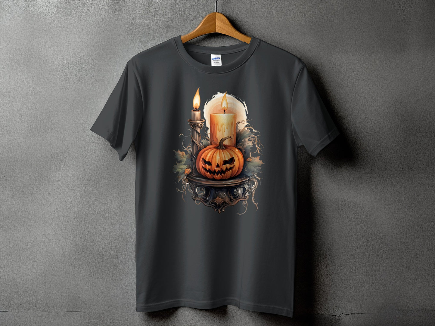 T-shirt with Halloween graphic of a carved pumpkin and lit candles.