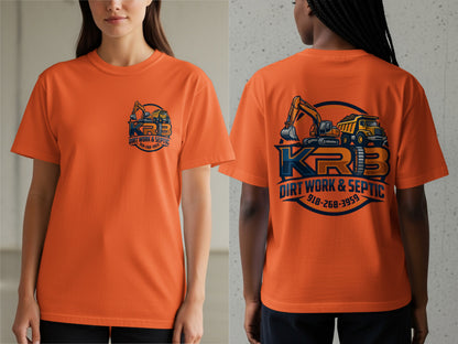 Orange t-shirt with KRB Dirt Work & Septic logo on front and back.