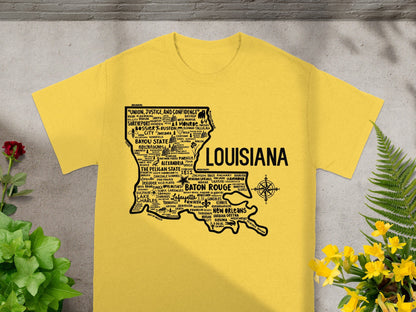 Louisiana Typography Map T-Shirt with Cities Names