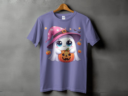 Purple t-shirt with a cartoon ghost wearing a witch hat holding a jack-o-lantern.
