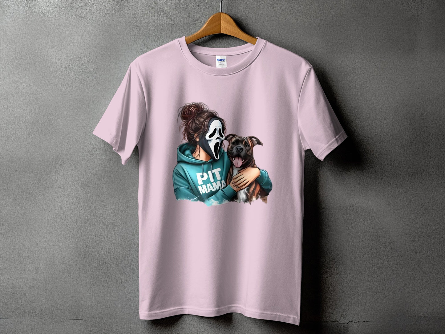 Graphic of a person in a Ghostface mask hugging a pitbull with "Pit Mama" text.