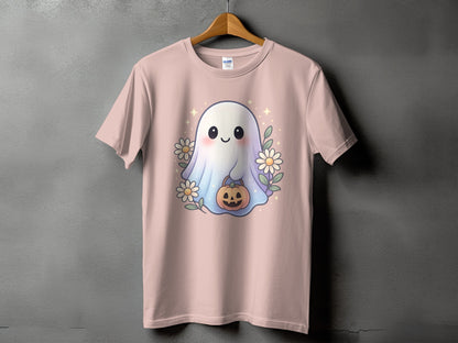 Pink t-shirt with a cute ghost holding a pumpkin and surrounded by flowers.