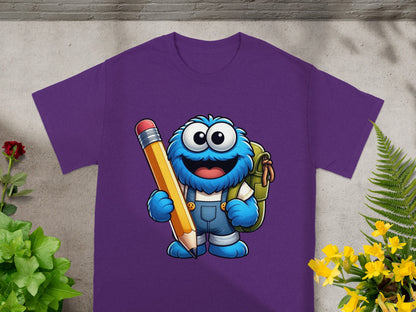 Blue furry monster with backpack and pencil on purple t-shirt.