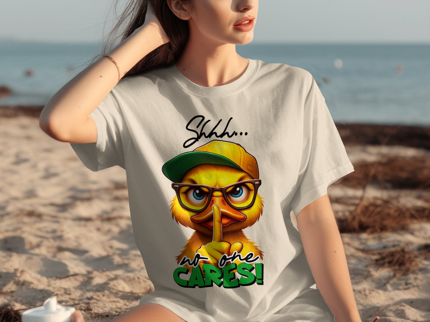Shhh No One Cares Funny Cartoon Duck Graphic T-shirt