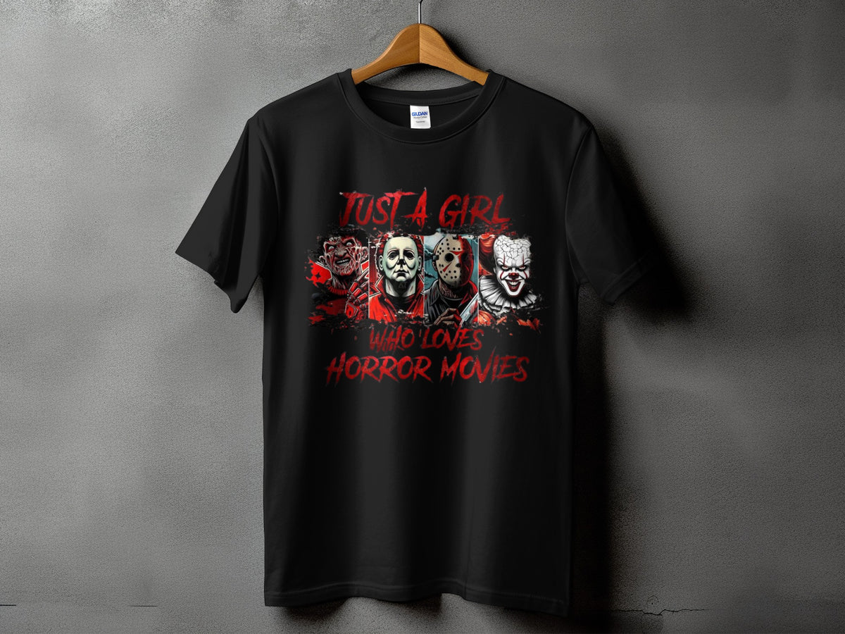 Black t-shirt with "Just a Girl Who Loves Horror Movies" and horror characters.