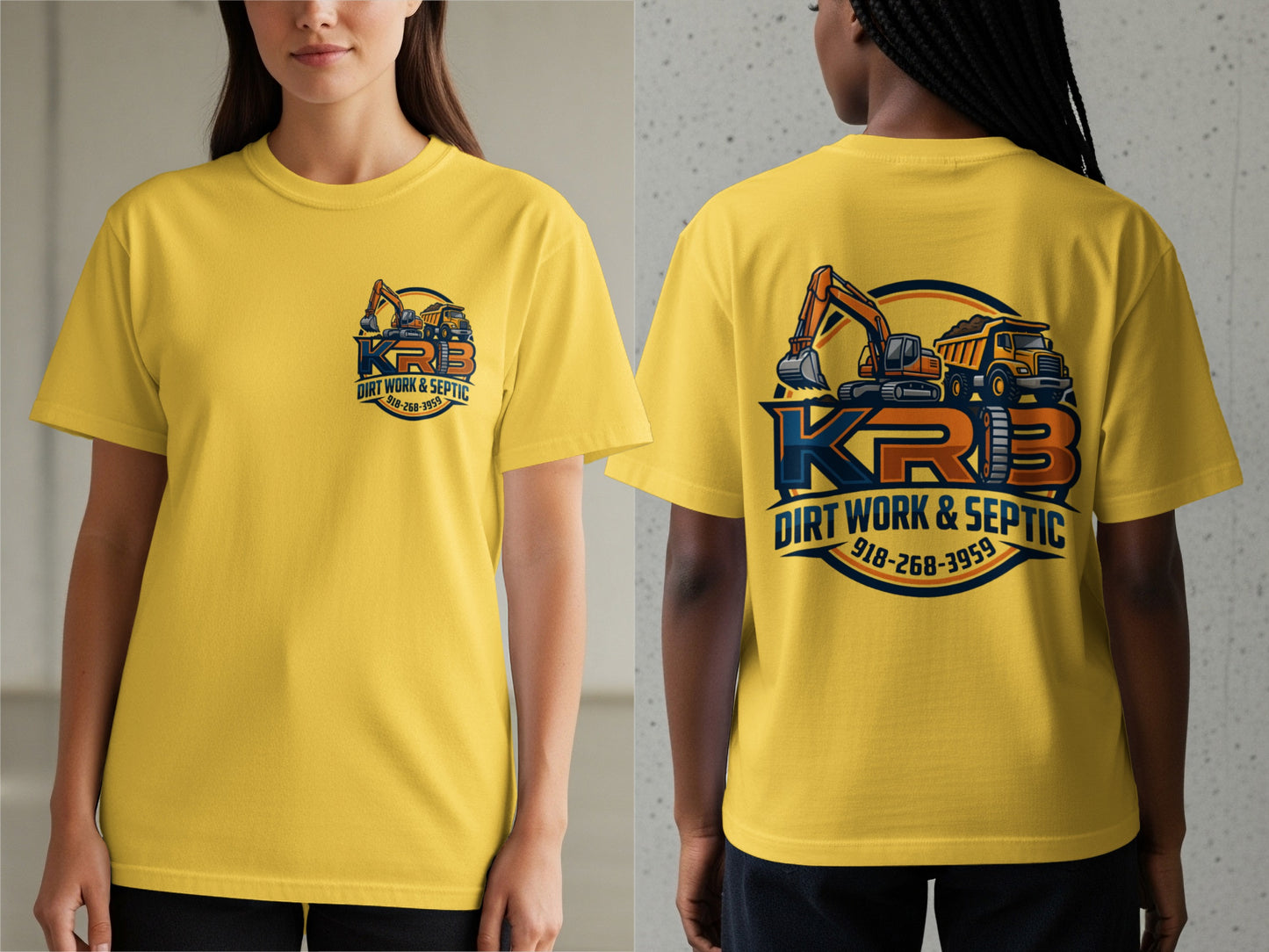 Yellow t-shirt with KRB Dirt Work & Septic logo, featuring excavators and dump trucks.
