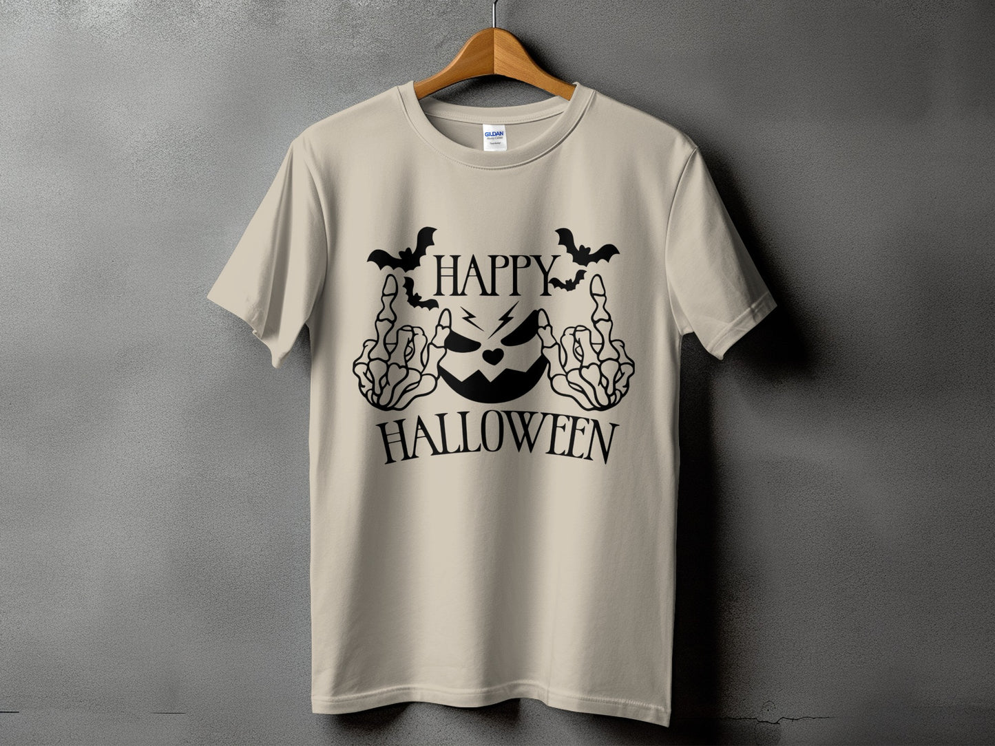 T-shirt with "Happy Halloween" text, jack-o'-lantern, bats, and skeleton hands.