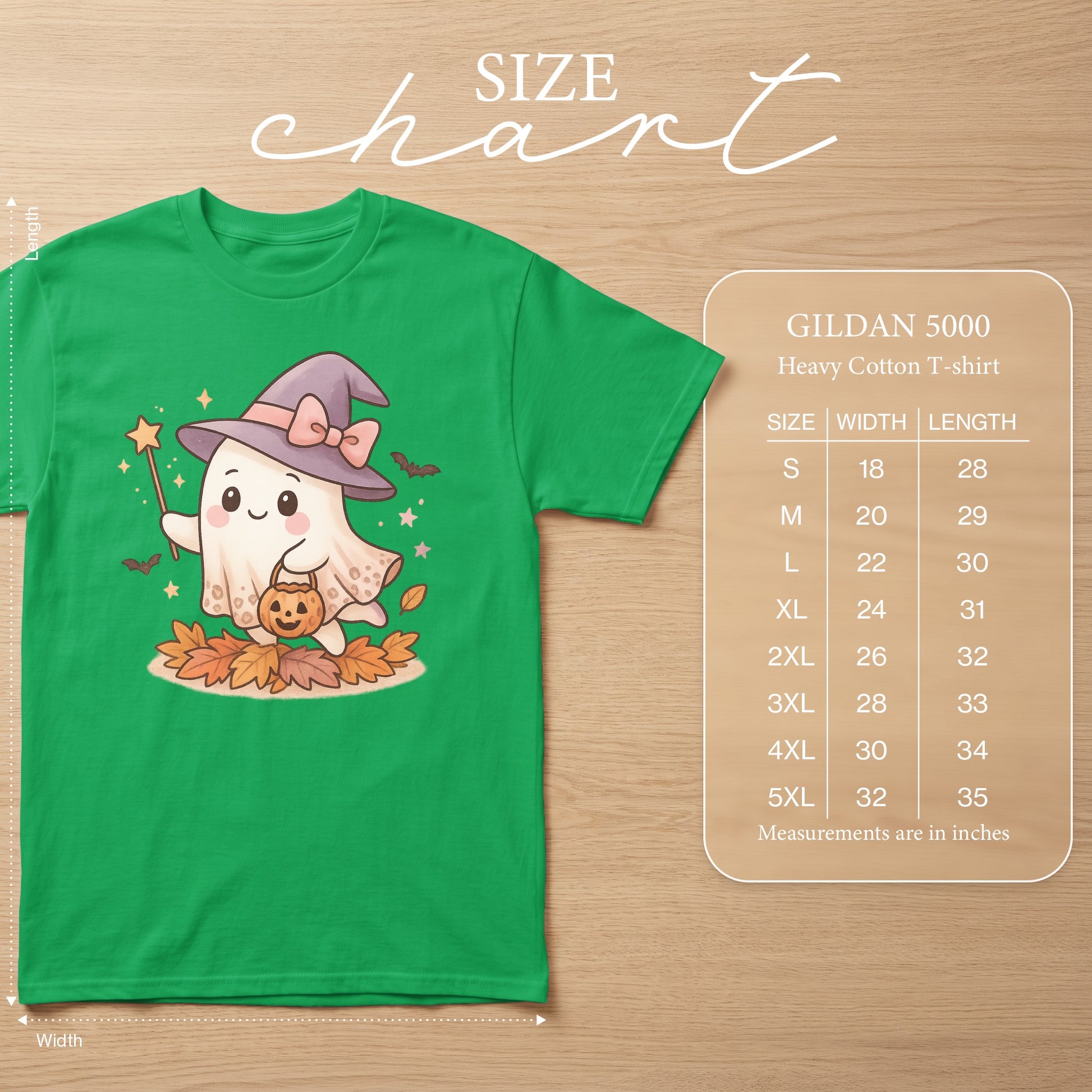 GILDAN 5000 heavy cotton t-shirt size chart with ghost graphic.