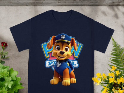 Navy t-shirt with Chase from Paw Patrol on a blue badge.