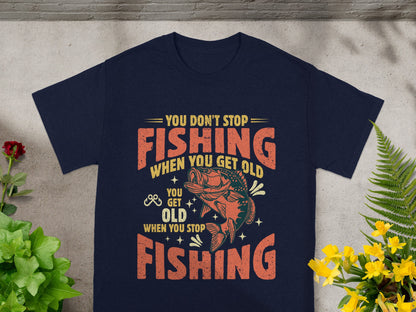 Navy t-shirt with distressed graphic about fishing and getting old.