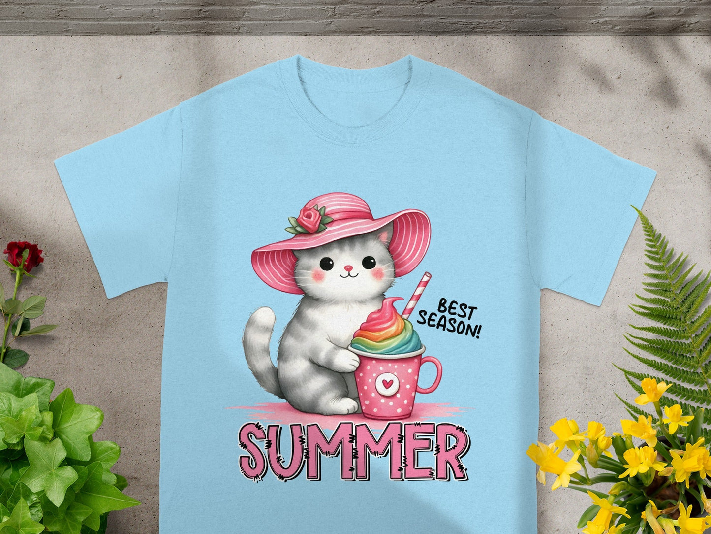 Cute Cat Summer T-shirt Best Season Blue Tee Shirt
